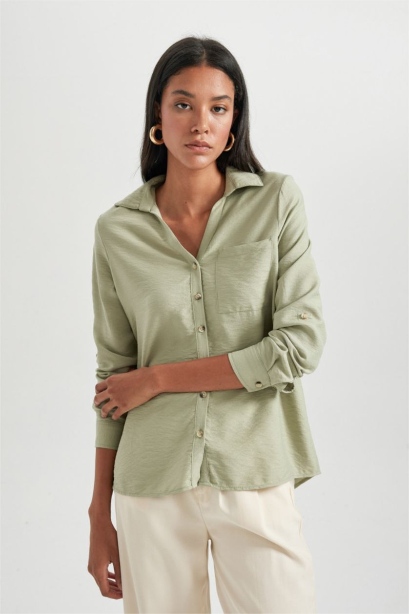 Kadın Açık Haki Regular Fit Cepli Uzun Kollu Gömlek