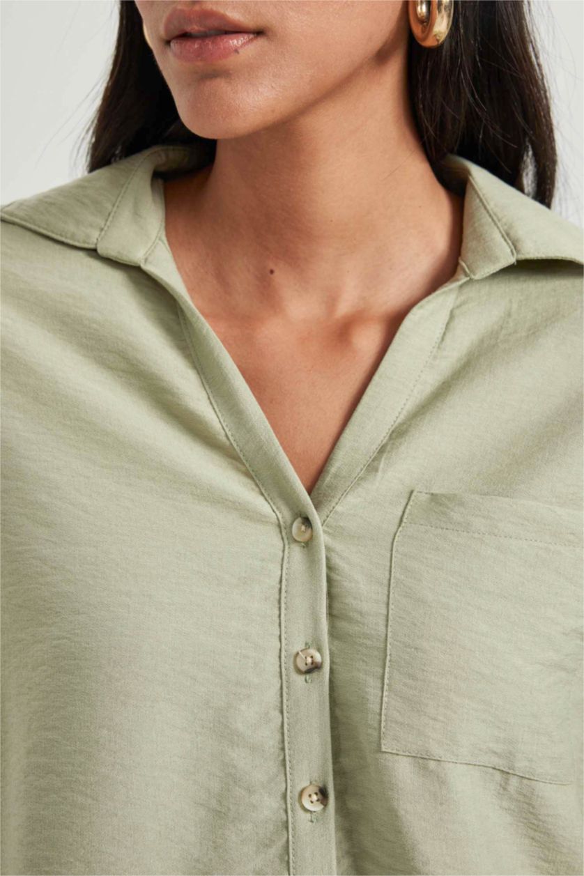 Kadın Açık Haki Regular Fit Cepli Uzun Kollu Gömlek