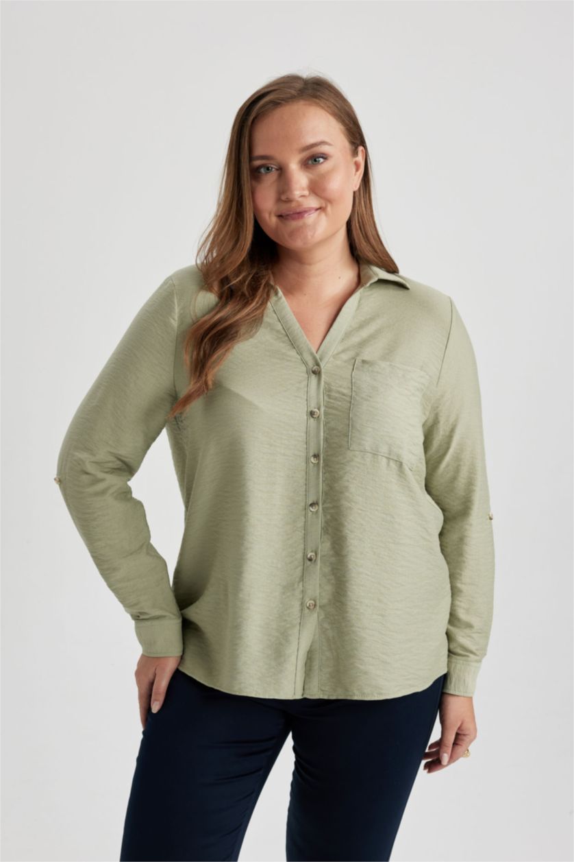 Kadın Açık Haki Regular Fit Cepli Uzun Kollu Gömlek