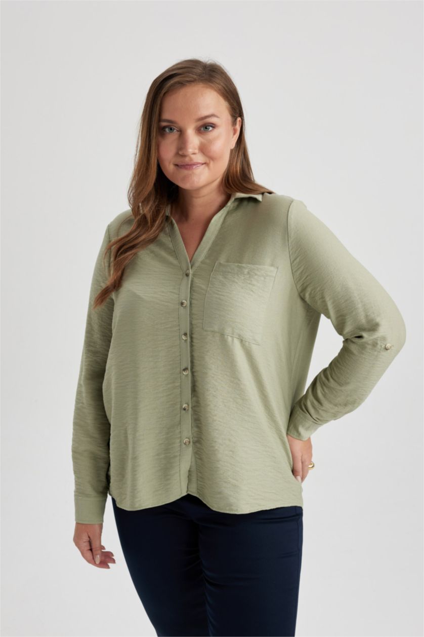 Kadın Açık Haki Regular Fit Cepli Uzun Kollu Gömlek