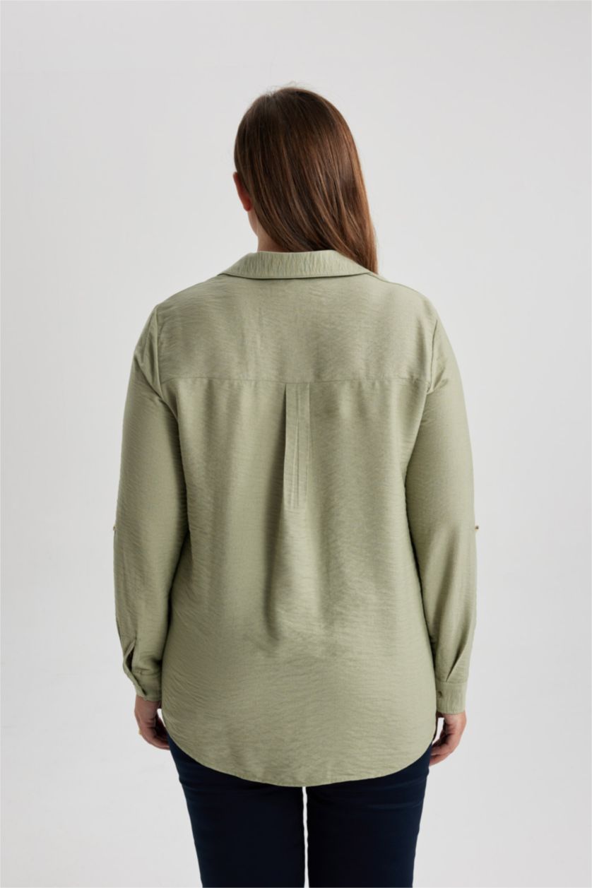 Kadın Açık Haki Regular Fit Cepli Uzun Kollu Gömlek