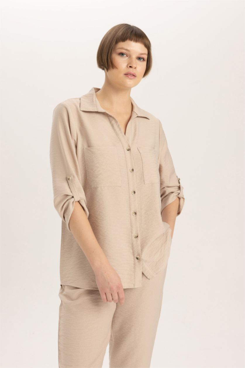 Woman Beige Regular Fit Shirt Collar Long Sleeve Shirt
