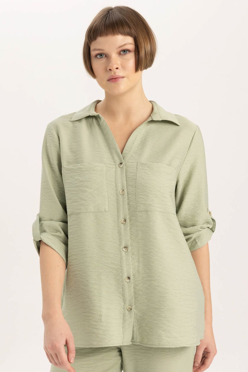 Kadın Mint Regular Fit Basic Düz Uzun Kollu Gömlek