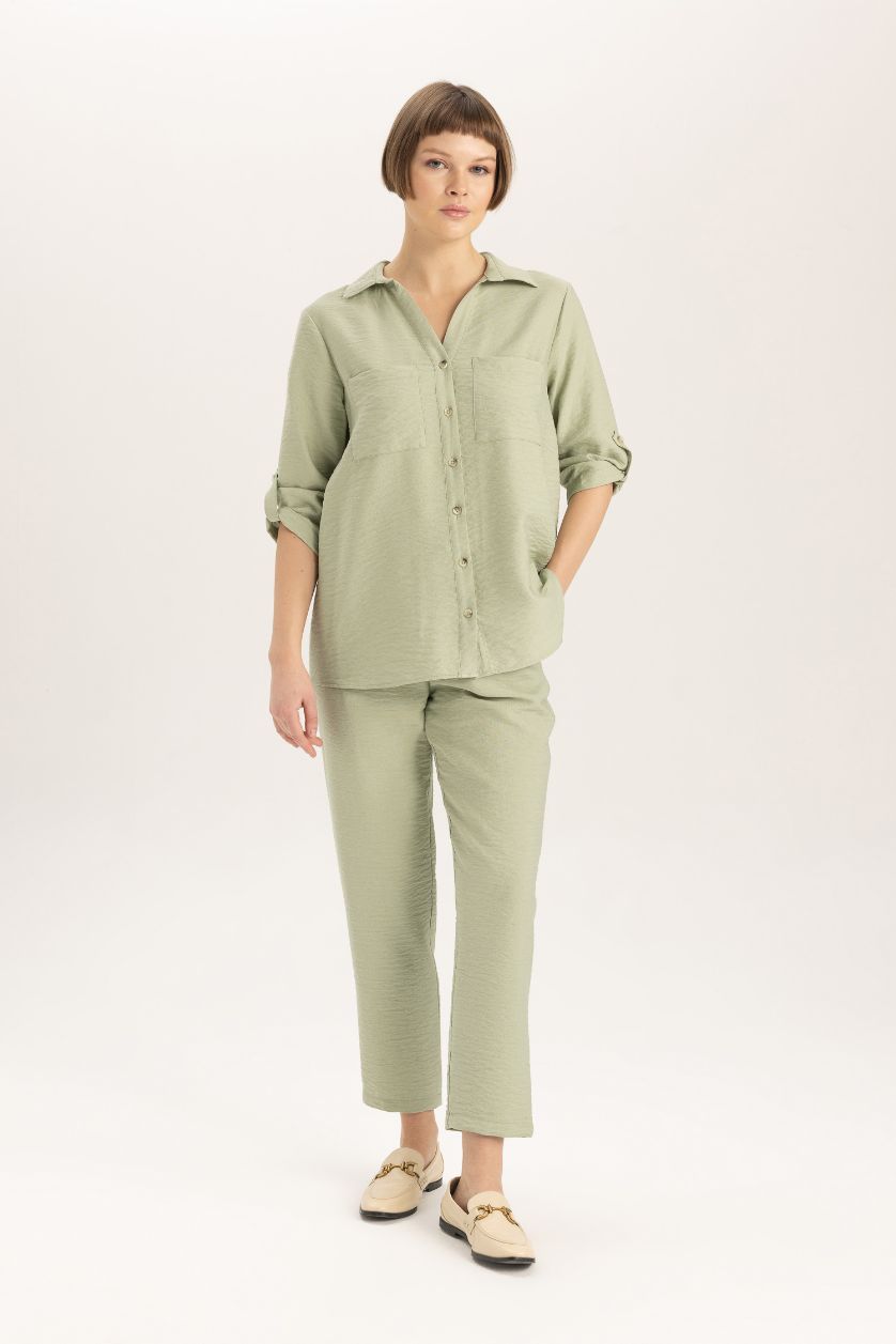 Kadın Mint Regular Fit Basic Düz Uzun Kollu Gömlek