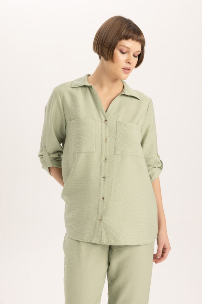 Kadın Mint Regular Fit Basic Düz Uzun Kollu Gömlek