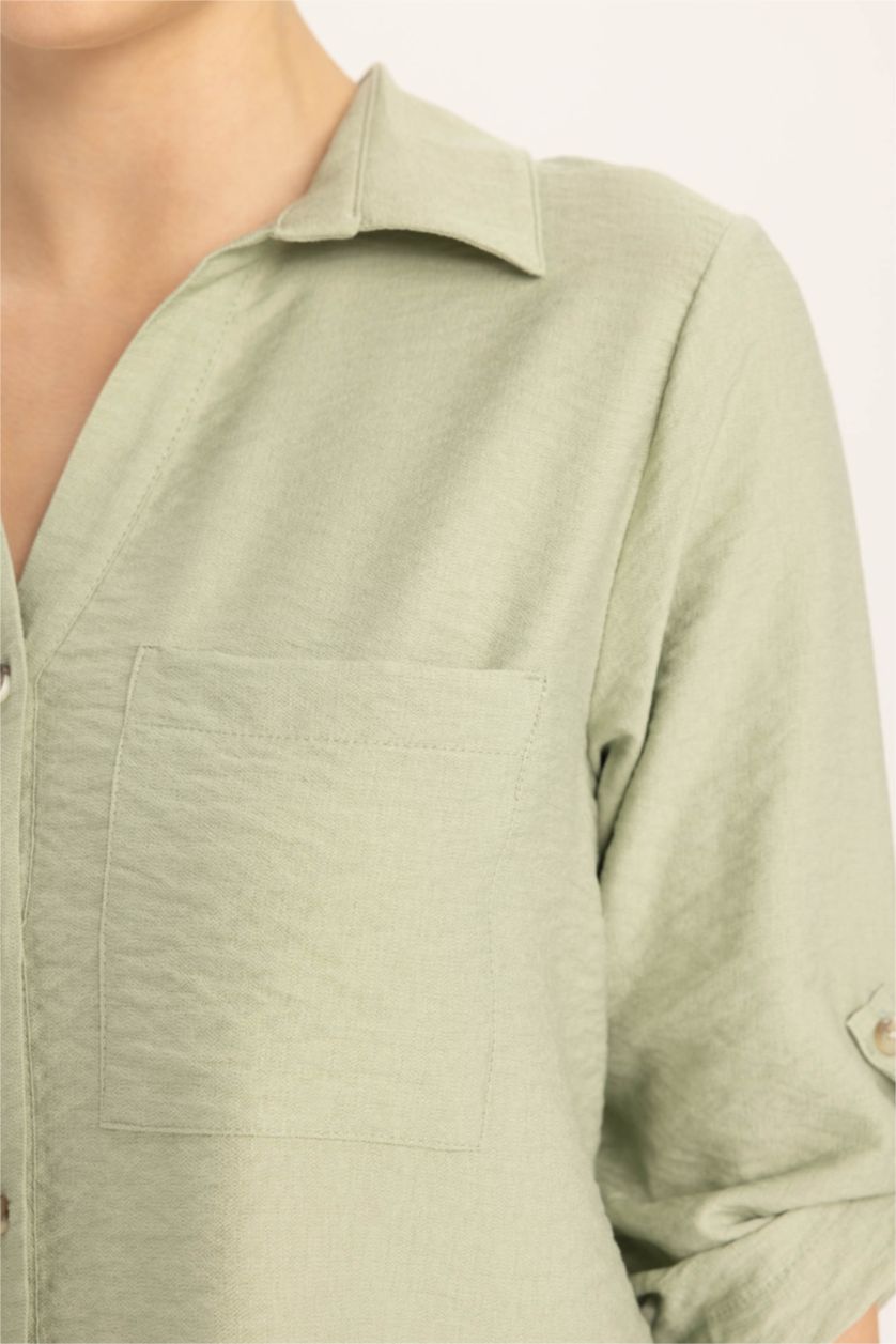 Kadın Mint Regular Fit Basic Düz Uzun Kollu Gömlek