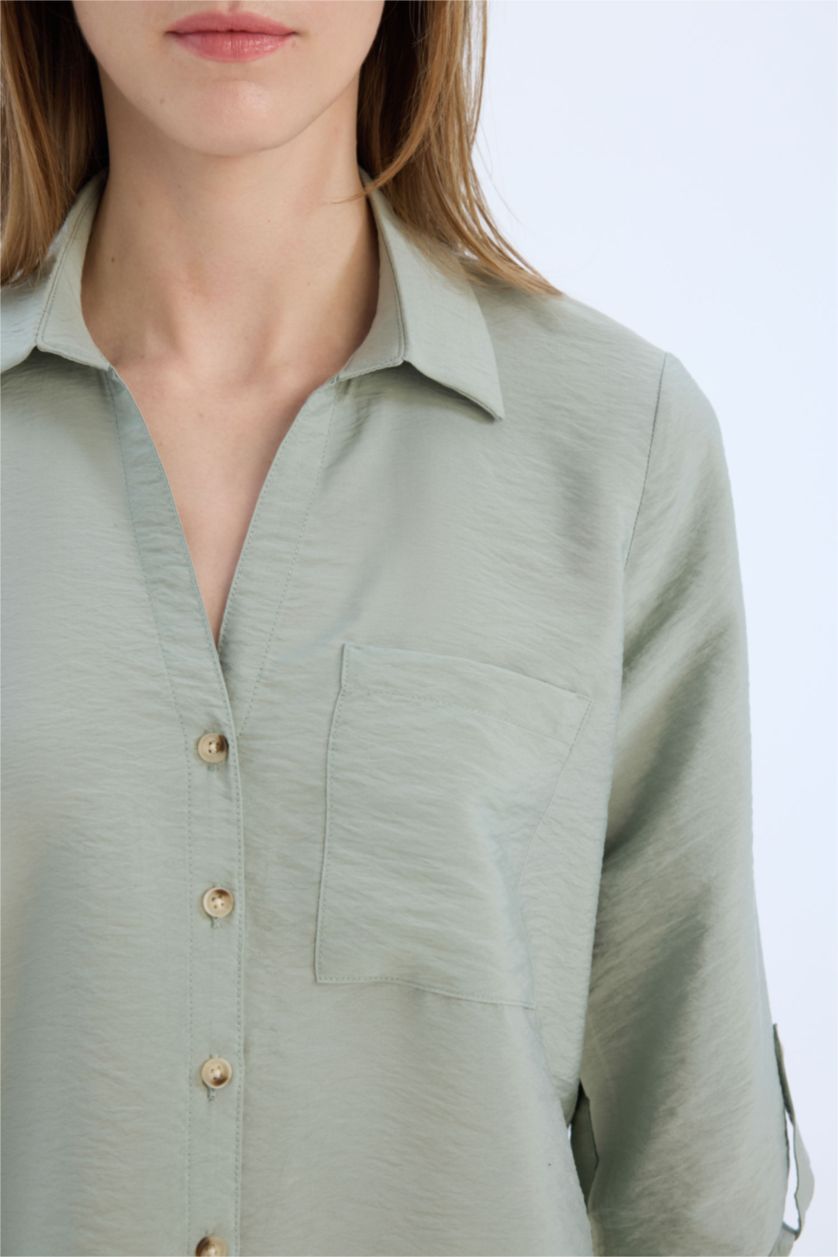 Kadın Açık Yeşil Regular Fit Basic Düz Uzun Kollu Gömlek