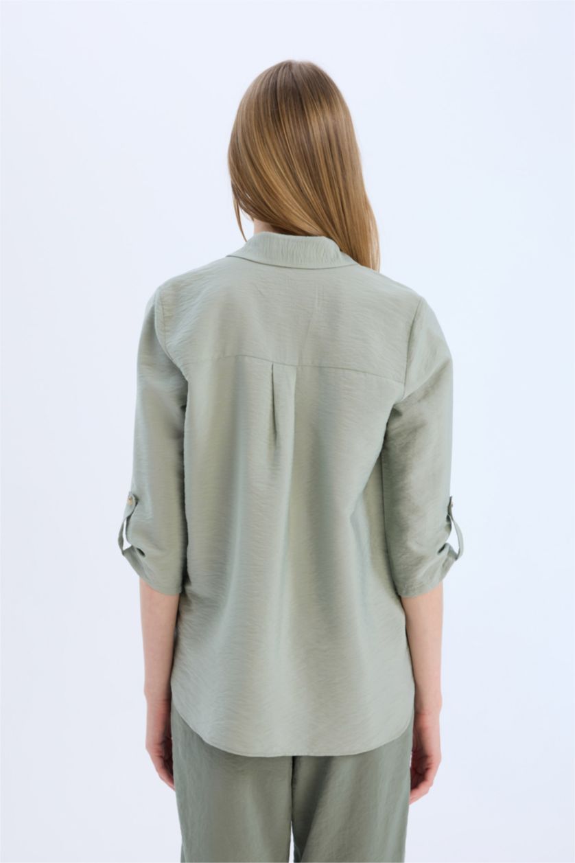 Kadın Açık Yeşil Regular Fit Basic Düz Uzun Kollu Gömlek