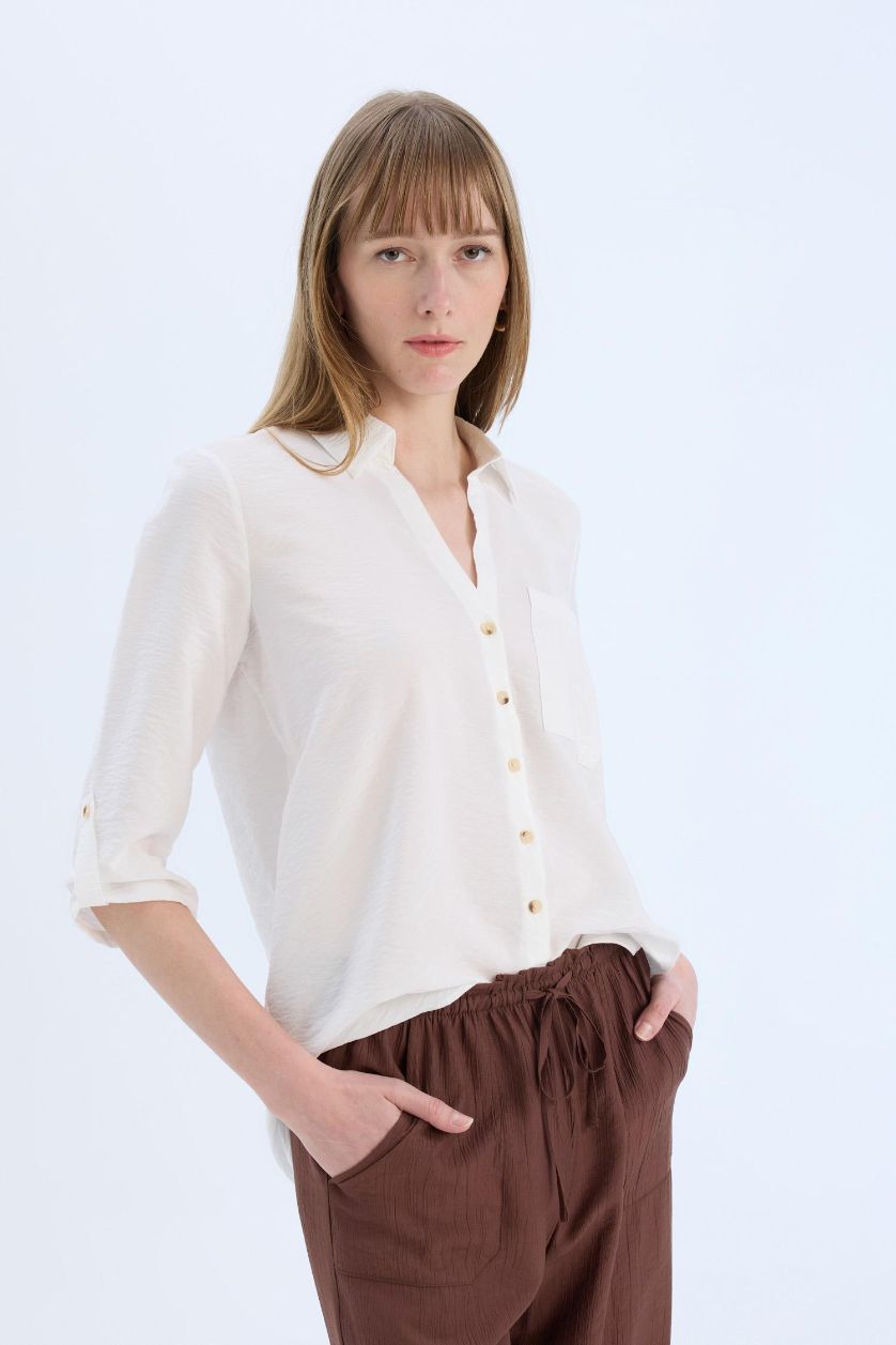 Woman White Regular Fit Shirt Collar Long Sleeve Shirt