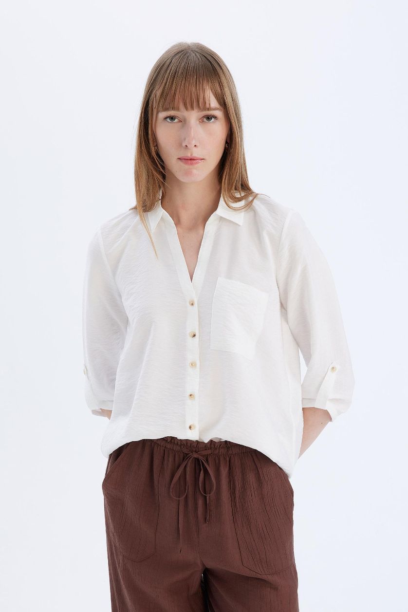 Woman White Regular Fit Shirt Collar Long Sleeve Shirt