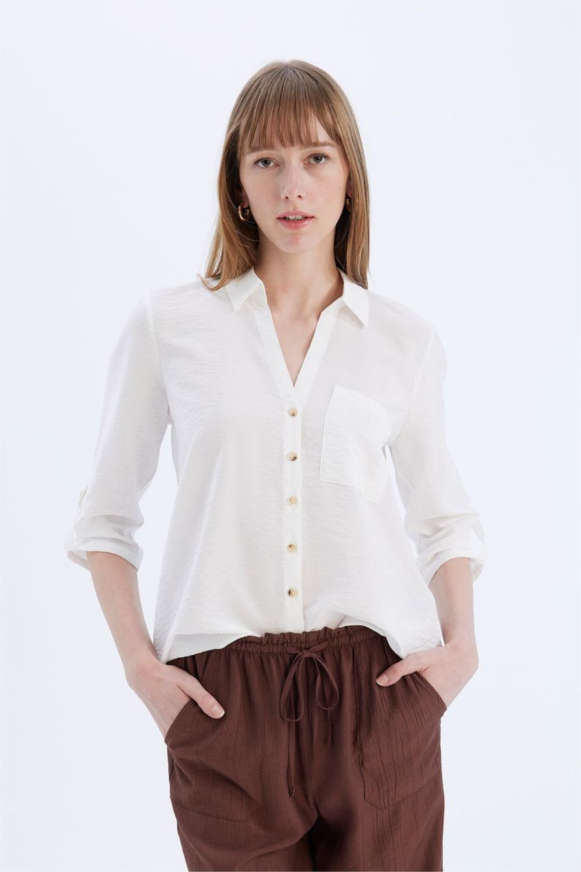 Woman White Regular Fit Shirt Collar Long Sleeve Shirt