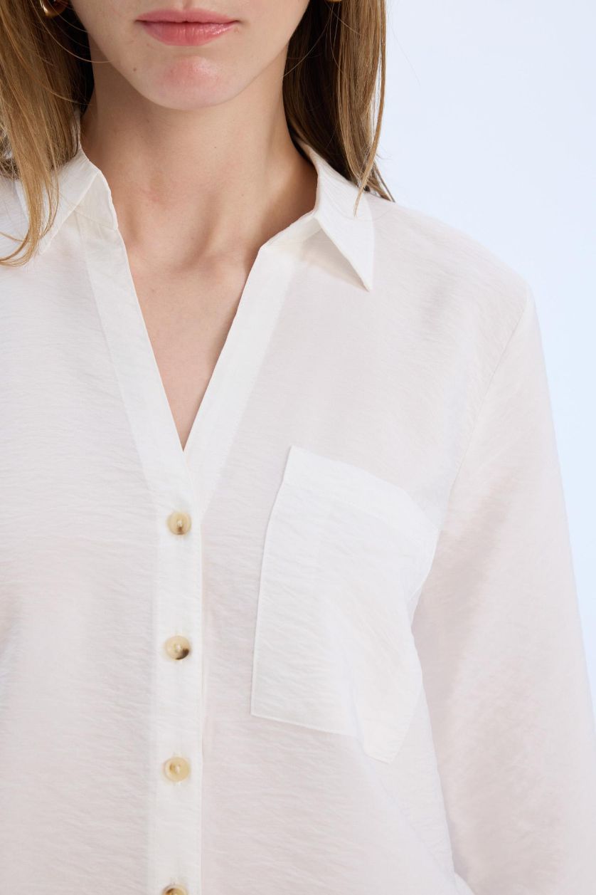 Woman White Regular Fit Shirt Collar Long Sleeve Shirt
