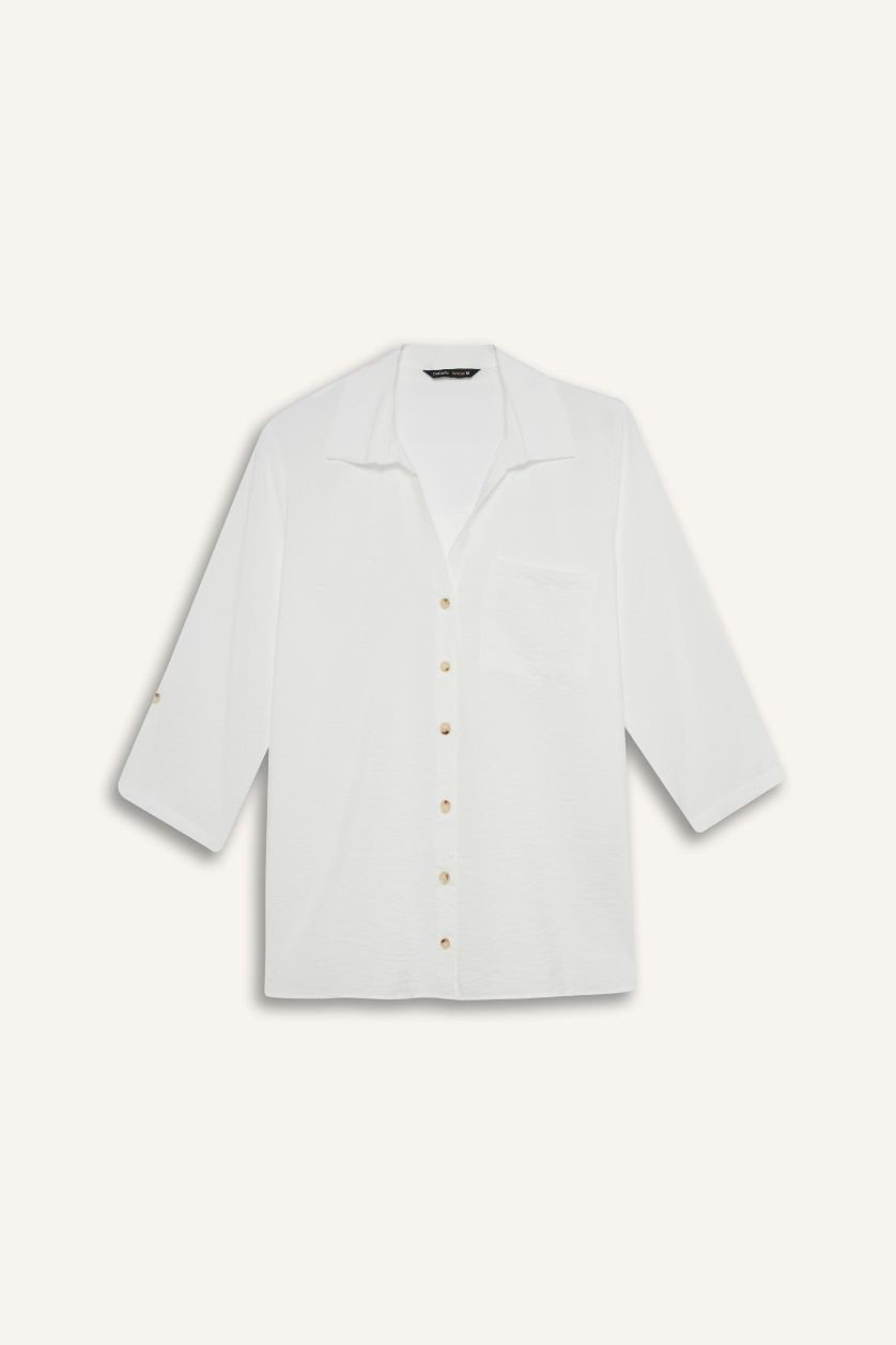 Woman White Regular Fit Shirt Collar Long Sleeve Shirt