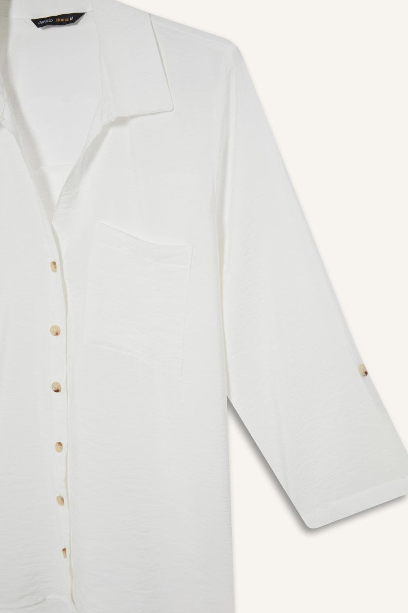 Woman White Regular Fit Shirt Collar Long Sleeve Shirt