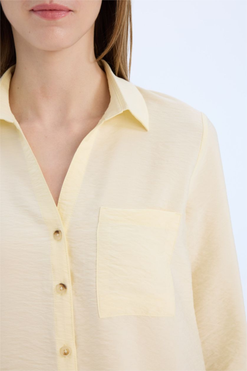 Kadın Açık Sarı Regular Fit Basic Düz Uzun Kollu Gömlek