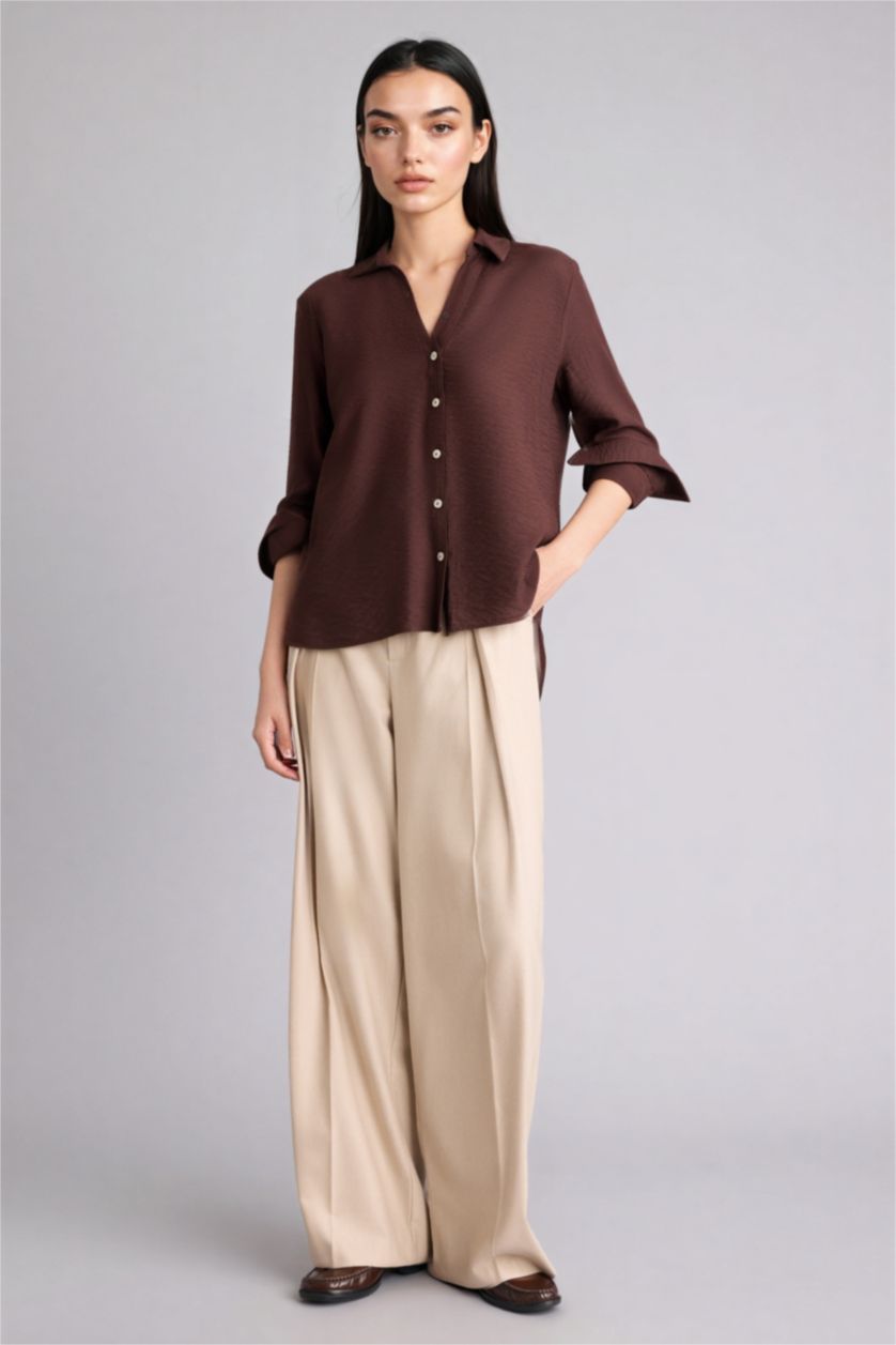 Woman Brown Regular Fit Shirt Collar Long Sleeve Shirt