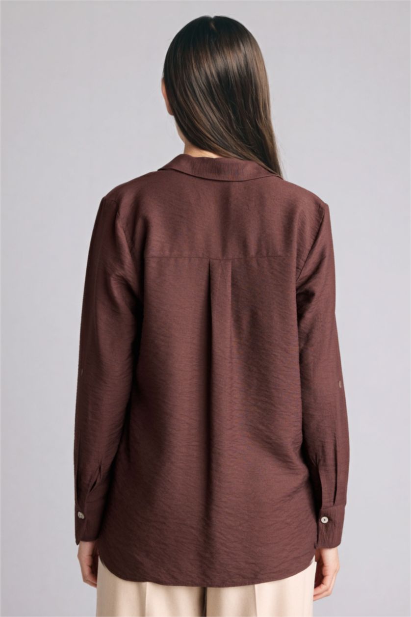 Woman Brown Regular Fit Shirt Collar Long Sleeve Shirt