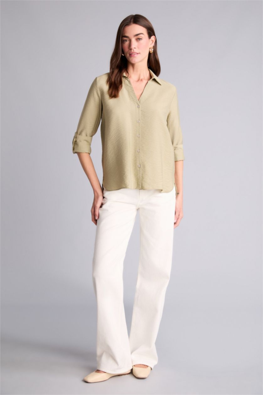 Kadın Açık Haki Regular Fıt Gömlek Yaka Uzun Kollu Gömlek