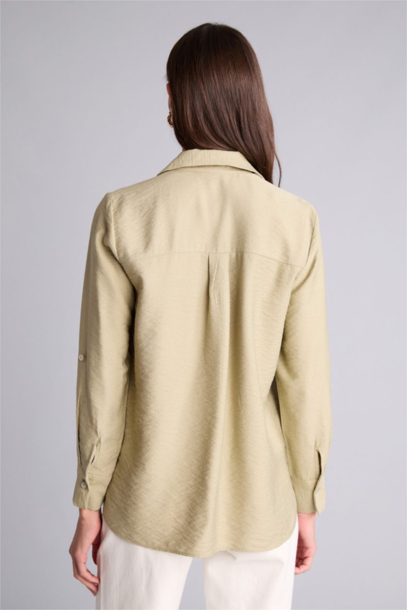 Kadın Açık Haki Regular Fıt Gömlek Yaka Uzun Kollu Gömlek