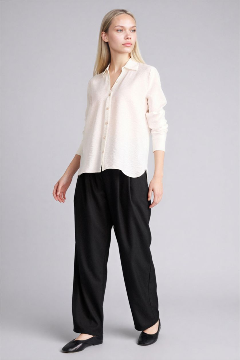 Kadın Kırık Beyaz Regular Fit Basic Düz Uzun Kollu Gömlek