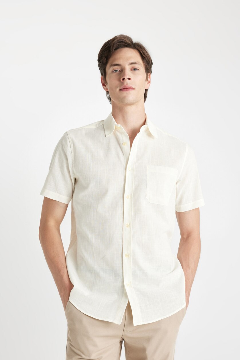 رجالي اللون الرملي Regular Fit Cotton Short Sleeve Shirt