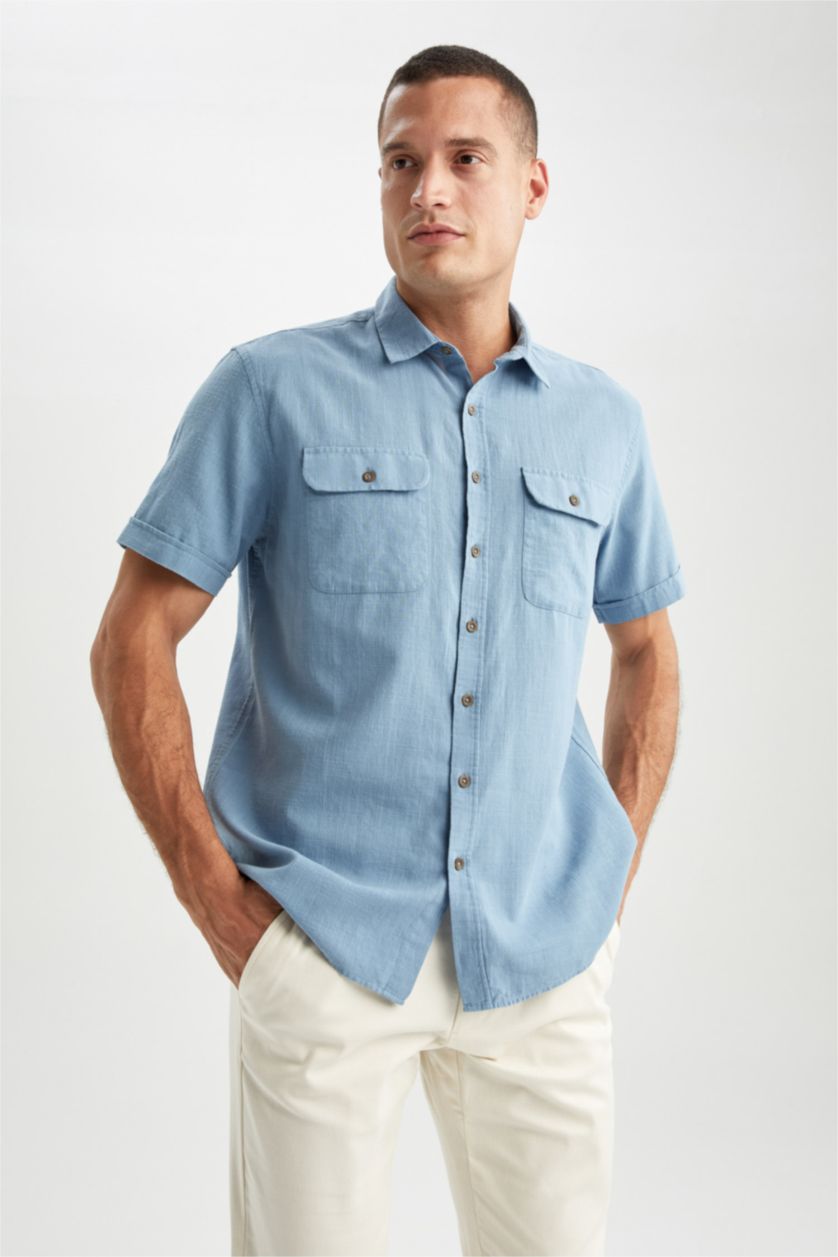 HOMME Bleu Chemise à manches courtes et col polo coupe classique