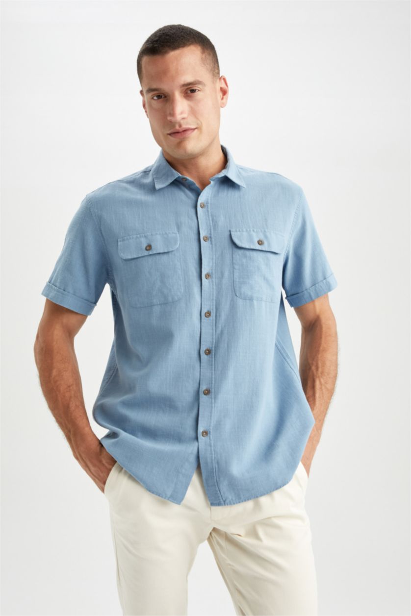 HOMME Bleu Chemise à manches courtes et col polo coupe classique