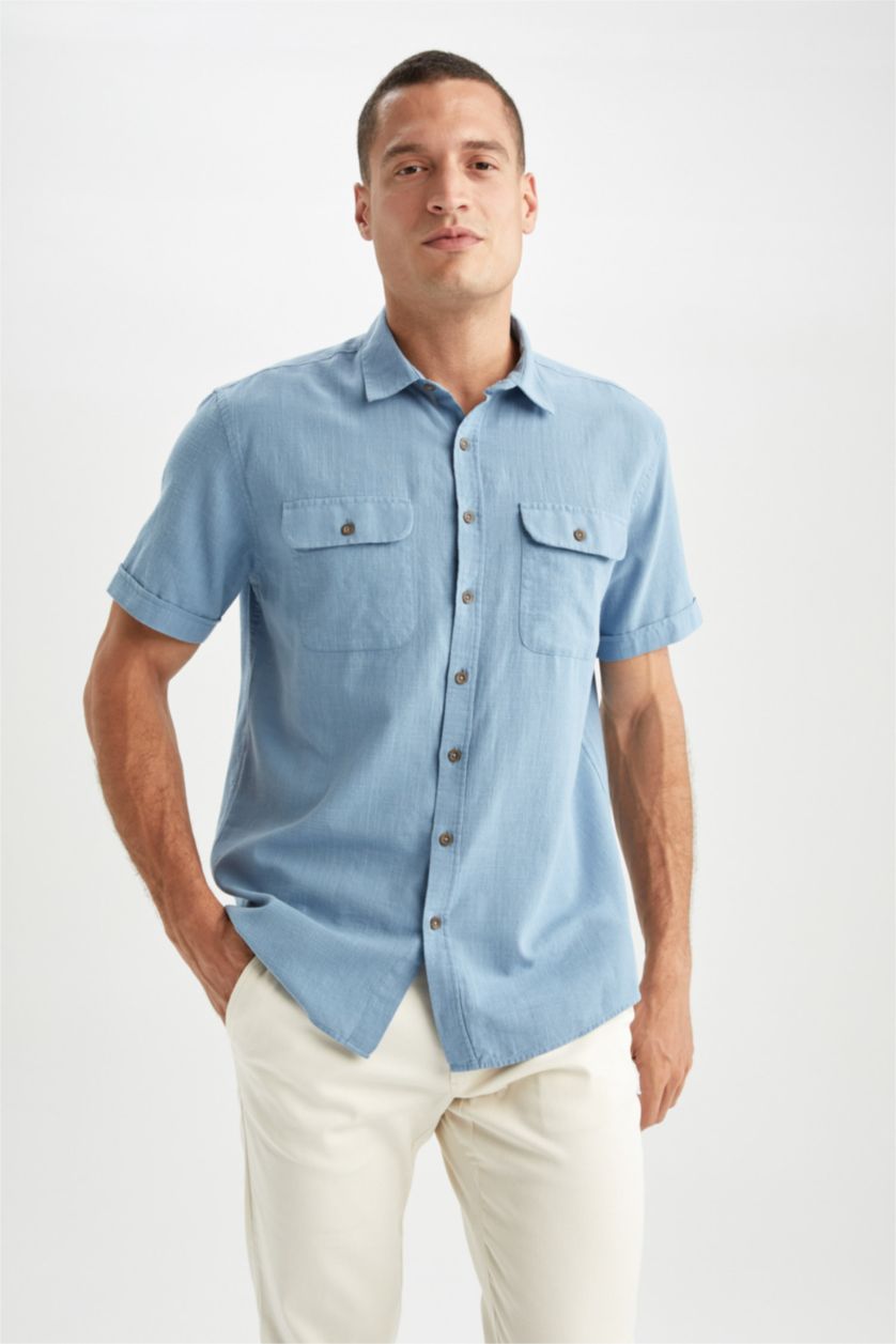 HOMME Bleu Chemise à manches courtes et col polo coupe classique