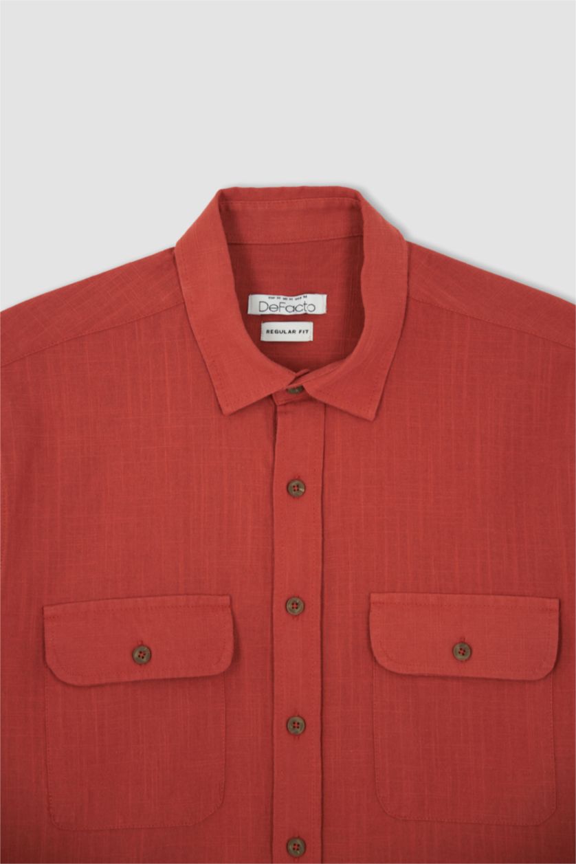 رجالي اللون الطوبي قميص بقصة عادية وأكمام قصيرة بياقة بولو