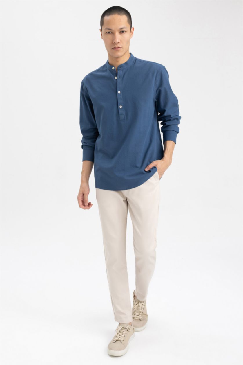 Erkek İndigo Slim Fit Hakim Yaka Uzun Kollu Gömlek