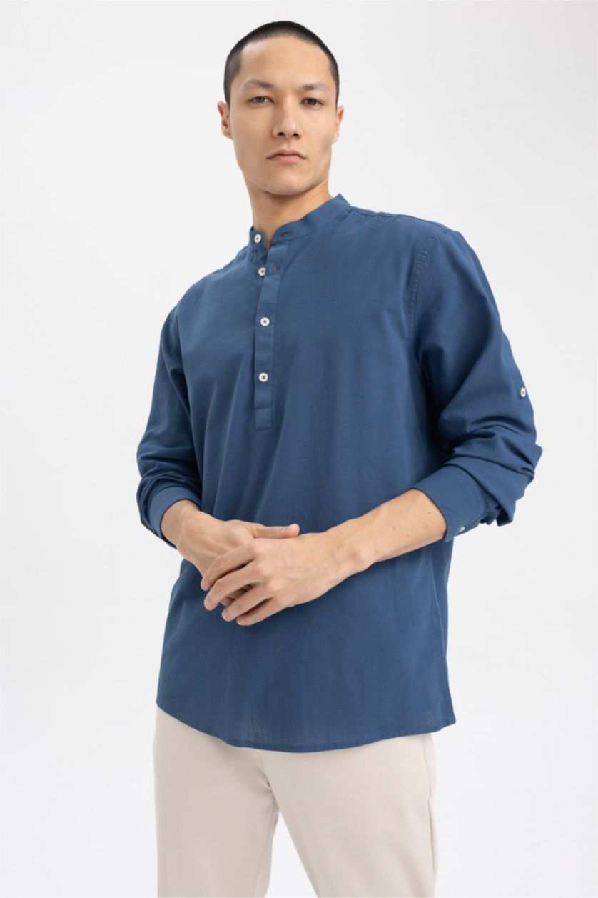 Erkek İndigo Slim Fit Hakim Yaka Uzun Kollu Gömlek