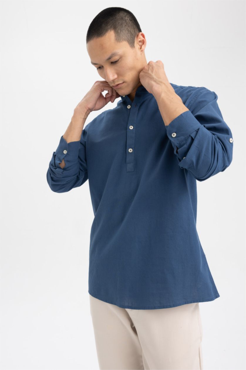 Erkek İndigo Slim Fit Hakim Yaka Uzun Kollu Gömlek