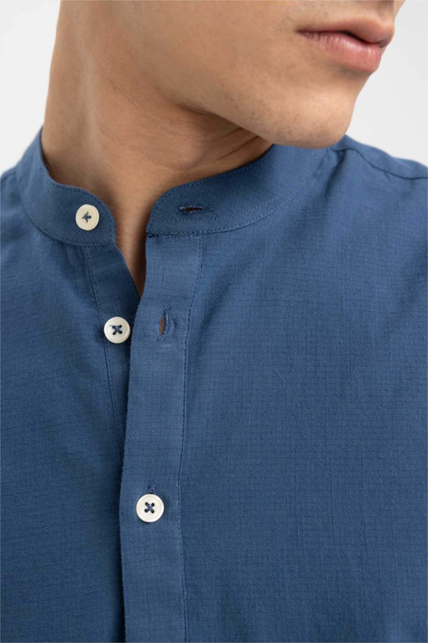 Erkek İndigo Slim Fit Hakim Yaka Uzun Kollu Gömlek