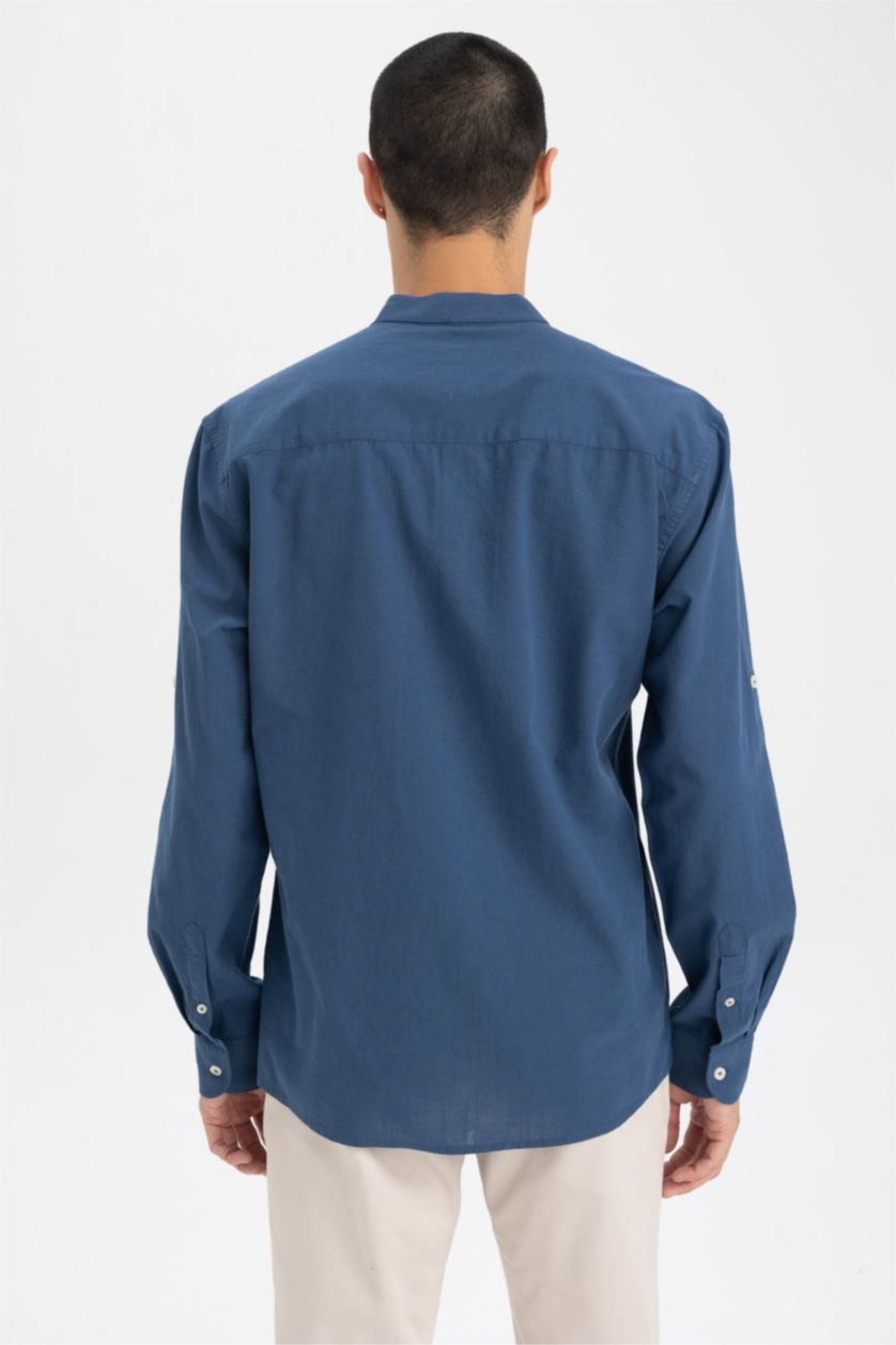 Erkek İndigo Slim Fit Hakim Yaka Uzun Kollu Gömlek