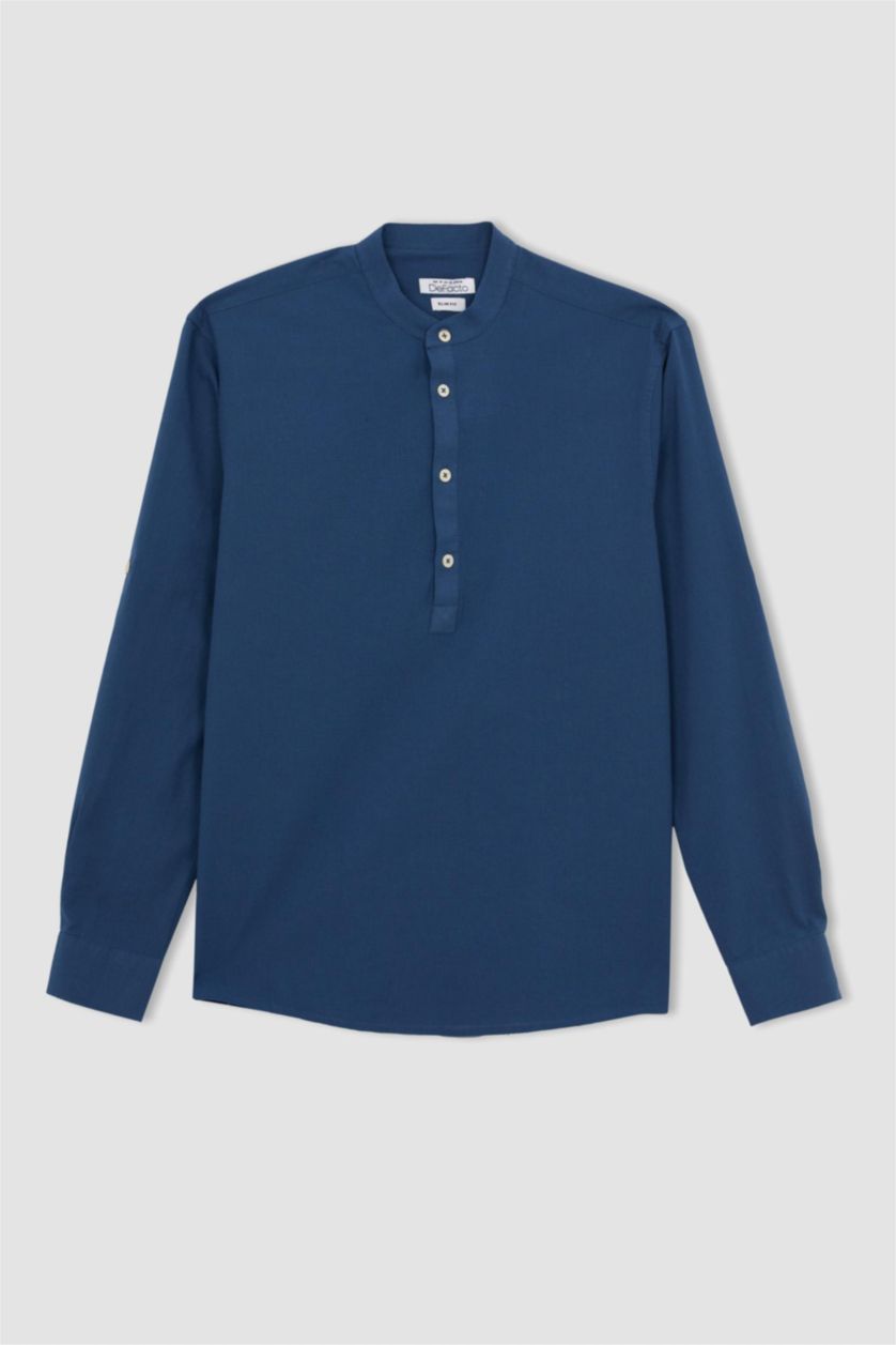 Erkek İndigo Slim Fit Hakim Yaka Uzun Kollu Gömlek