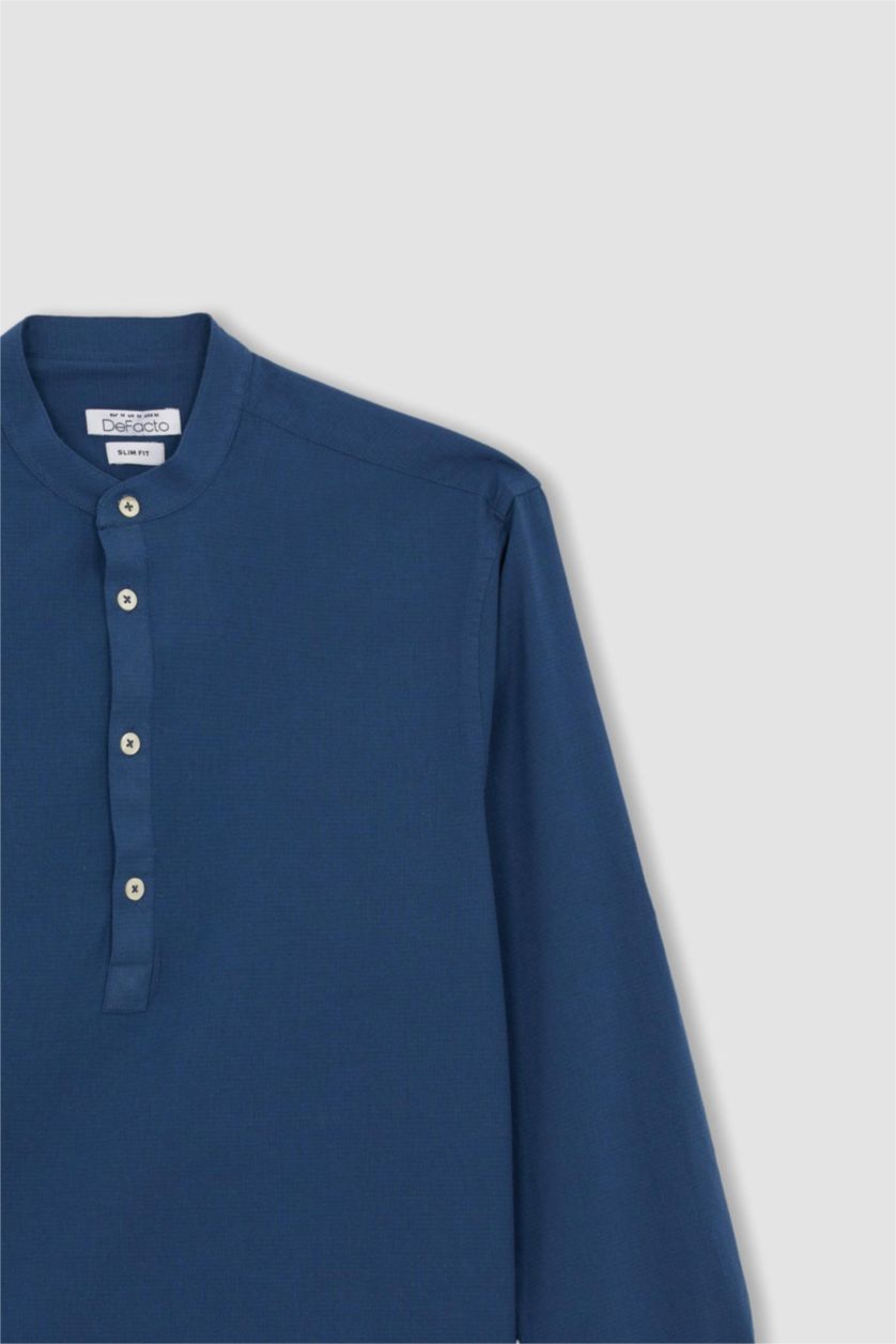 Erkek İndigo Slim Fit Hakim Yaka Uzun Kollu Gömlek