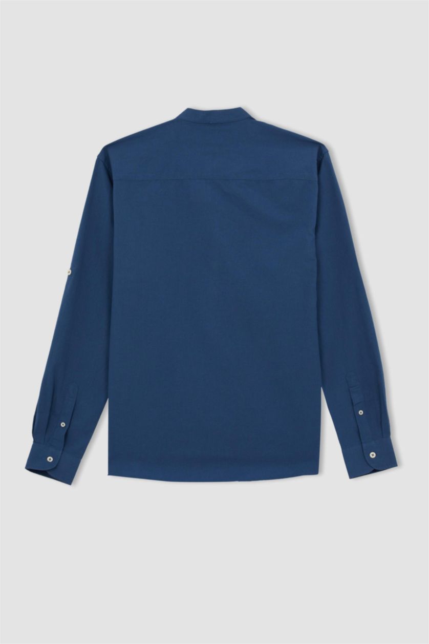 Erkek İndigo Slim Fit Hakim Yaka Uzun Kollu Gömlek