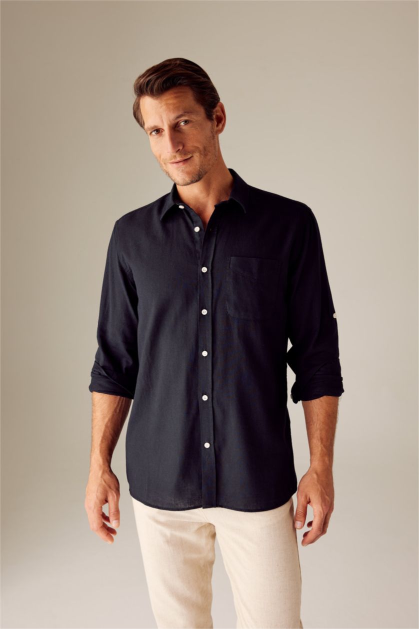 رجال أسود Regular Fit Long Sleeve Shirt