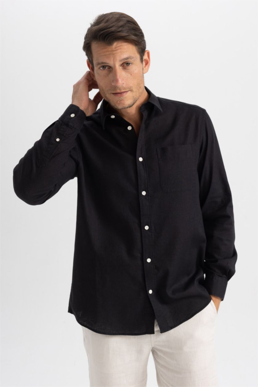 رجال أسود Regular Fit Long Sleeve Shirt