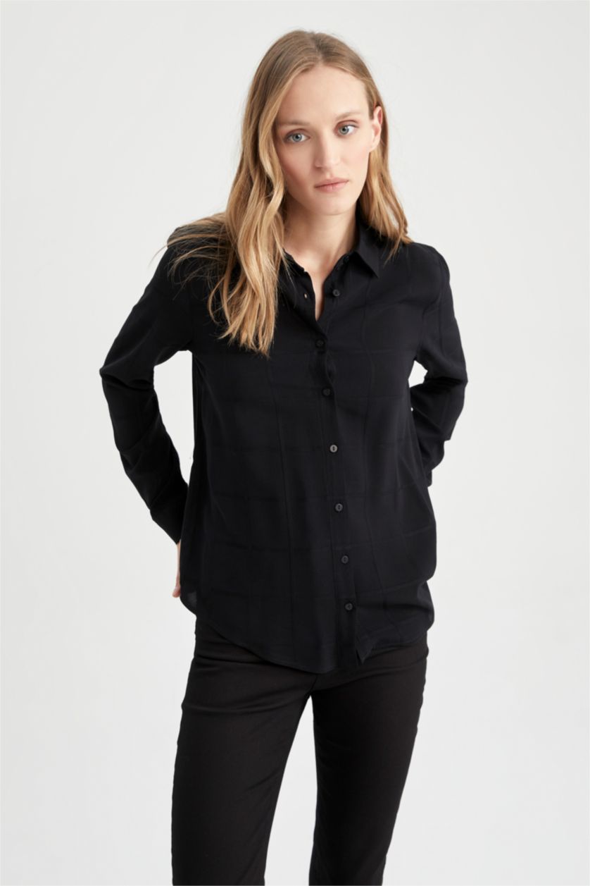 WOMAN Black Regular Fit Shirt Collar Long Sleeve Shirt