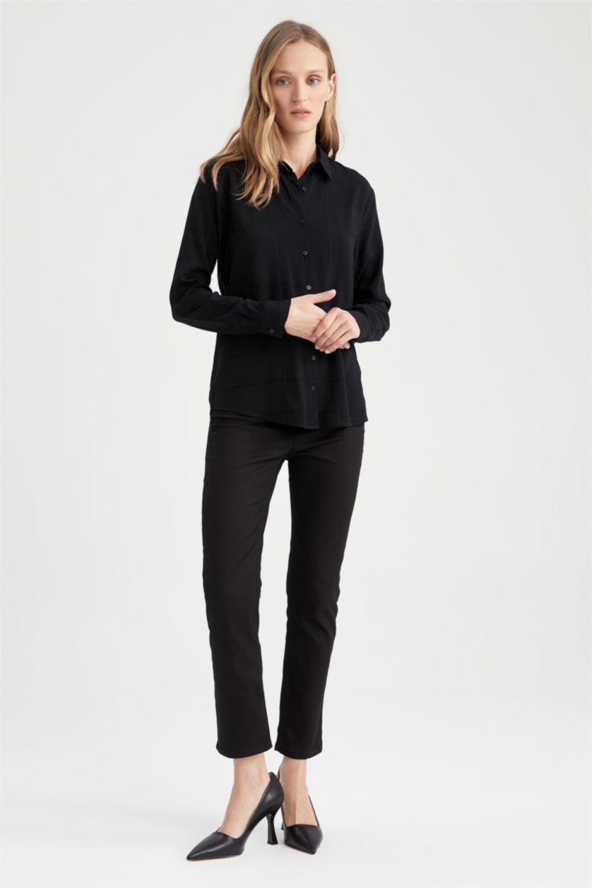 WOMAN Black Regular Fit Shirt Collar Long Sleeve Shirt