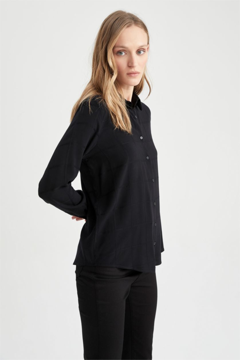 WOMAN Black Regular Fit Shirt Collar Long Sleeve Shirt