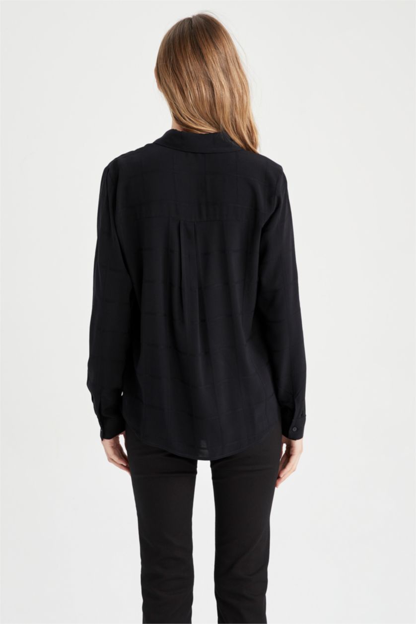 WOMAN Black Regular Fit Shirt Collar Long Sleeve Shirt