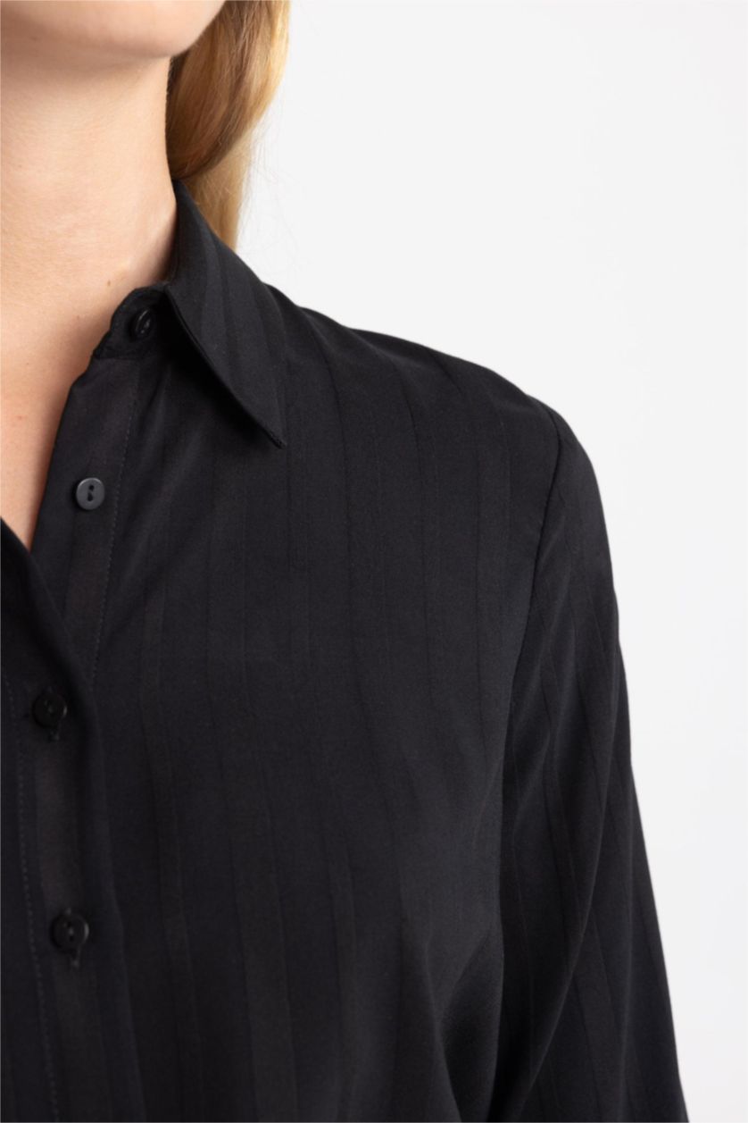 نساء أسود قميص كم طويل وقصة عادية