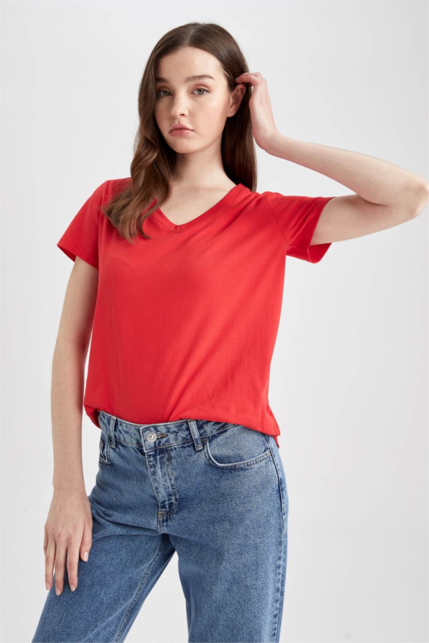 WOMAN Red Regular Fit V Neck Short Sleeve T-Shirt
