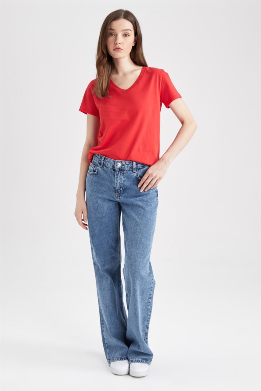 WOMAN Red Regular Fit V Neck Short Sleeve T-Shirt