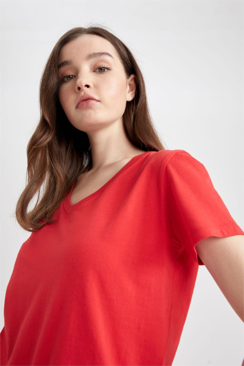 WOMAN Red Regular Fit V Neck Short Sleeve T-Shirt