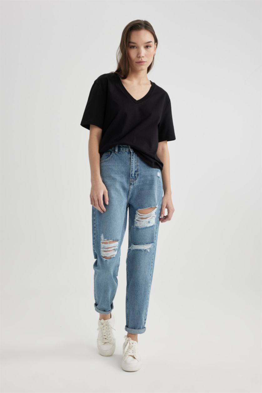 حريمي أسود تي شيرت بيزك قطن قصة عادية وياقة V