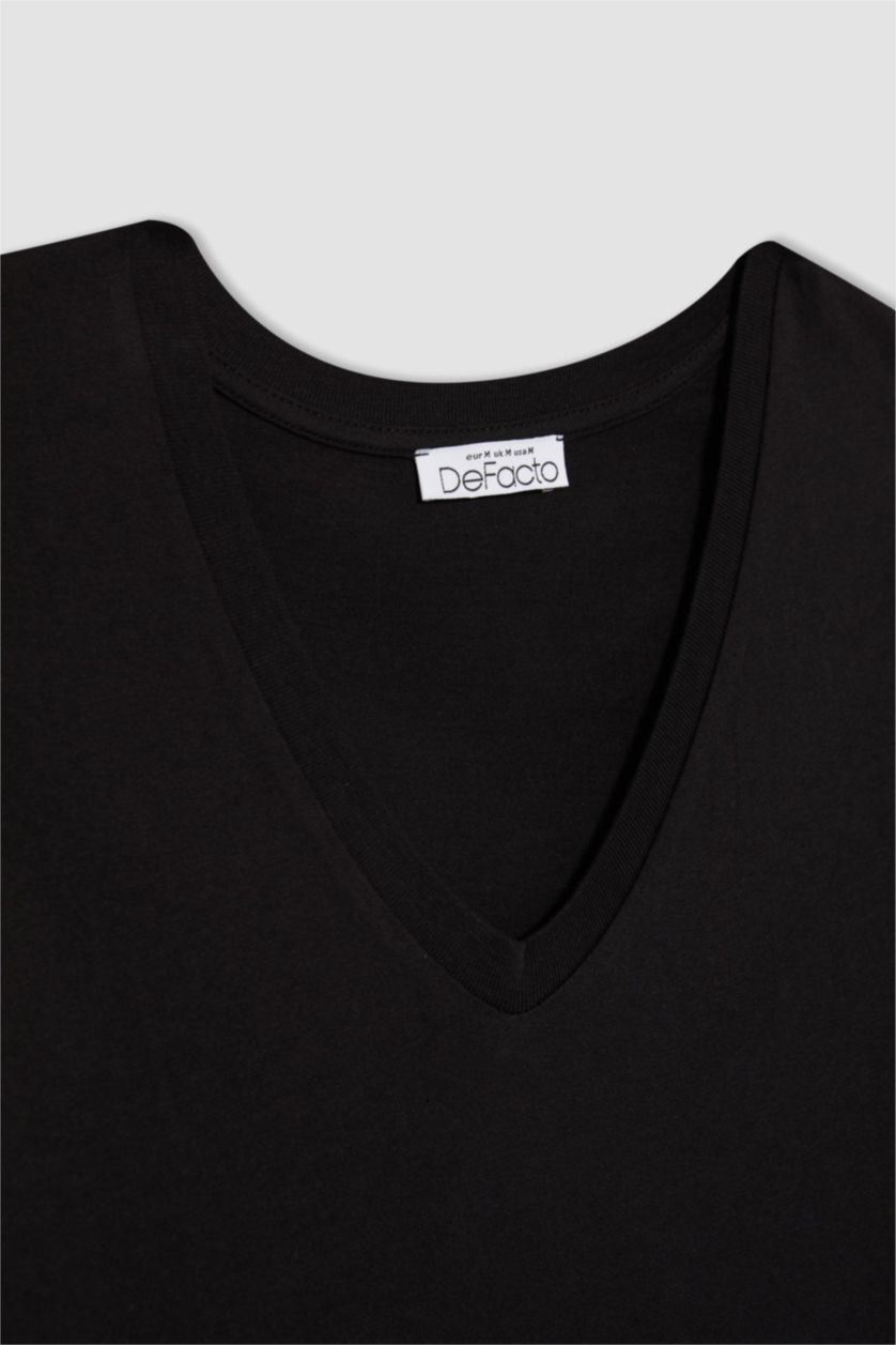 حريمي أسود تي شيرت بيزك قطن قصة عادية وياقة V