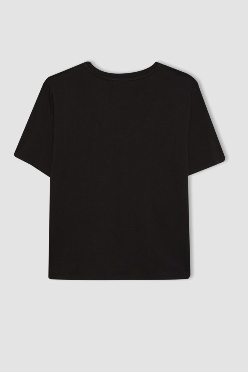 حريمي أسود تي شيرت بيزك قطن قصة عادية وياقة V